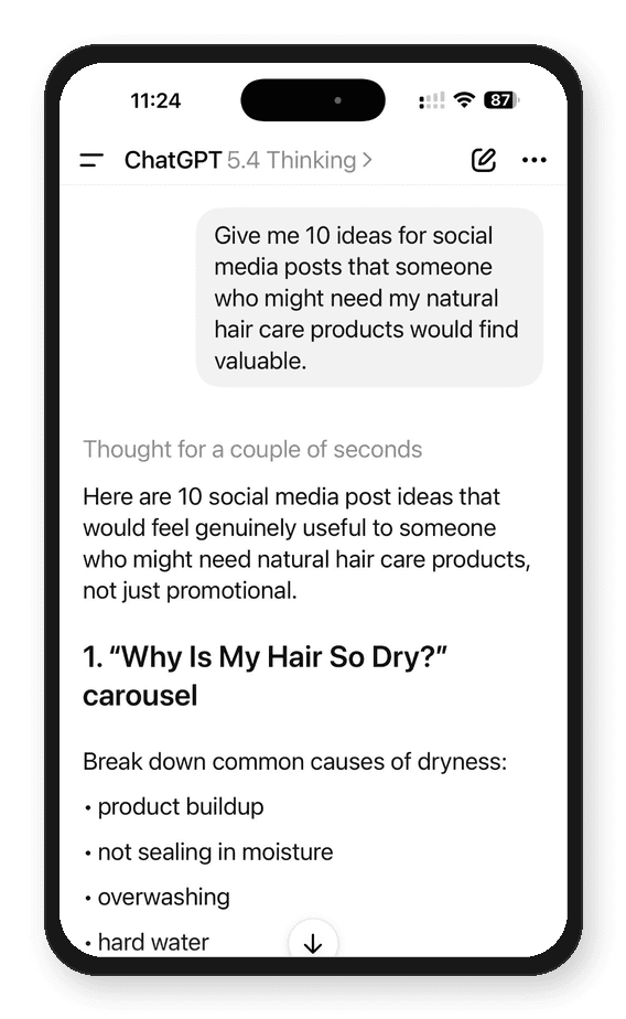 Mockup of iPhone open to a ChatGPT conversation